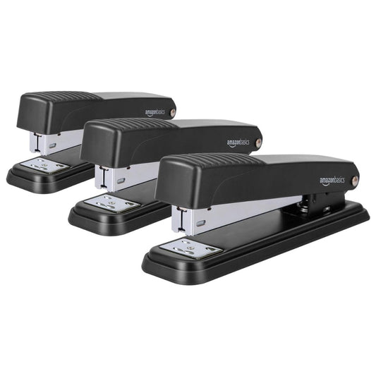 Amazon Basics Full-Strip Metal Office Desktop Stapler – 20 Sheet Capacity, 3-Pack, Black