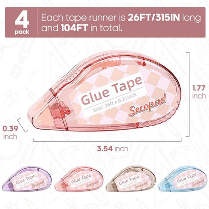 Secopad Scrapbook Glue Tape – 4 Pack Craft Adhesive Tape Runners, 26 ft Each, Light-Colored Shells