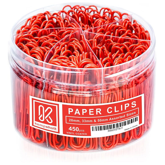Kempshott 450 Red Color Paper Clips – Assorted 28mm, 33mm & 50mm Sizes for Home, School & Office