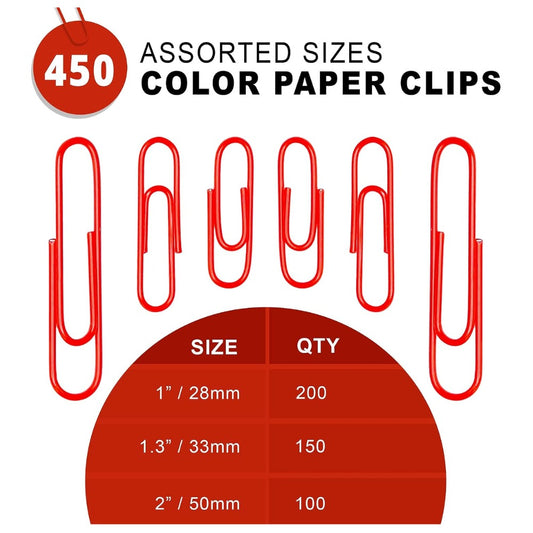 Kempshott 450 Red Color Paper Clips – Assorted 28mm, 33mm & 50mm Sizes for Home, School & Office