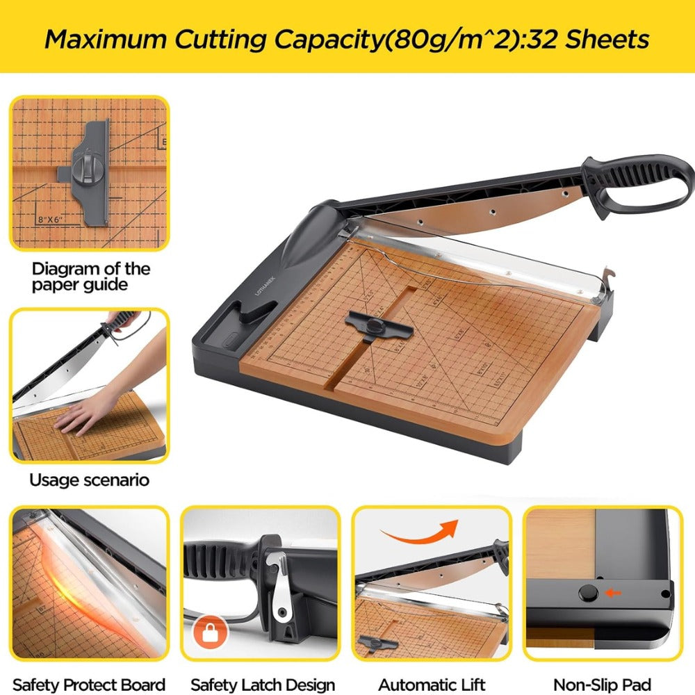 12" Wood Guillotine Paper Cutter – Heavy Duty Paper Trimmer, 32-Sheet Capacity, Wood Base Cutting Board for Classroom, Crafts & Cardstock